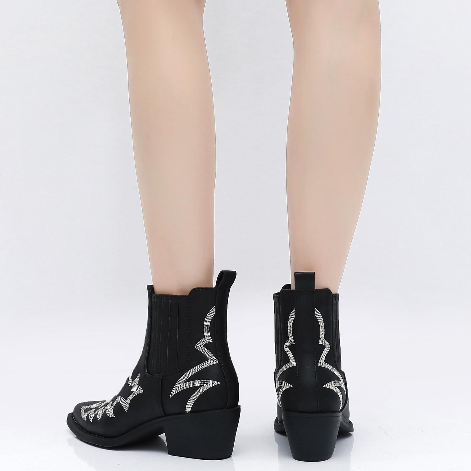 imageGLOBALWIN Cowboy Boots For Women Pointed Toe Pull On Chelsea Ankle Booties The Western Cowgirl Boots23yy05 Black