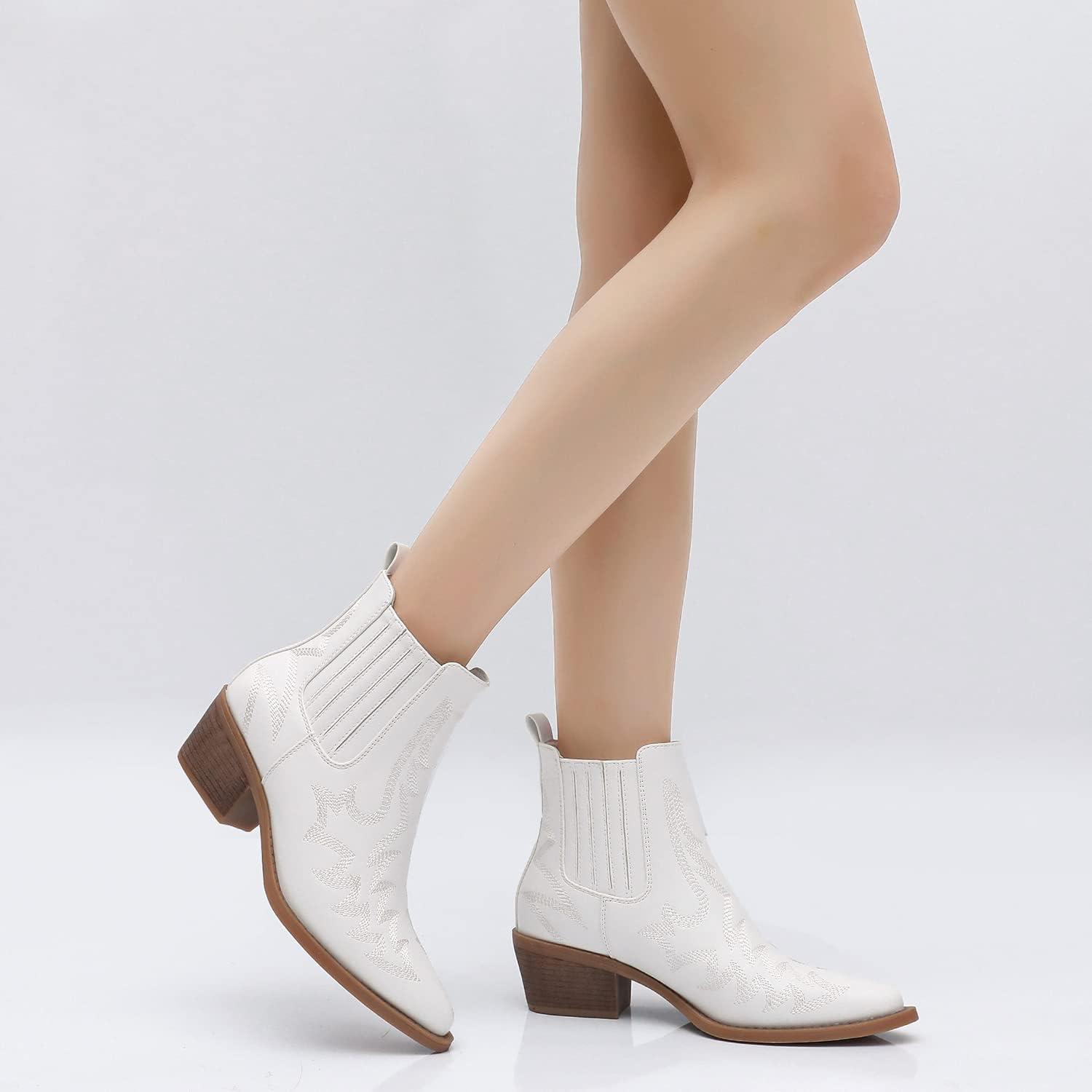 imageGLOBALWIN Cowboy Boots For Women Pointed Toe Pull On Chelsea Ankle Booties The Western Cowgirl Boots23yy05 White