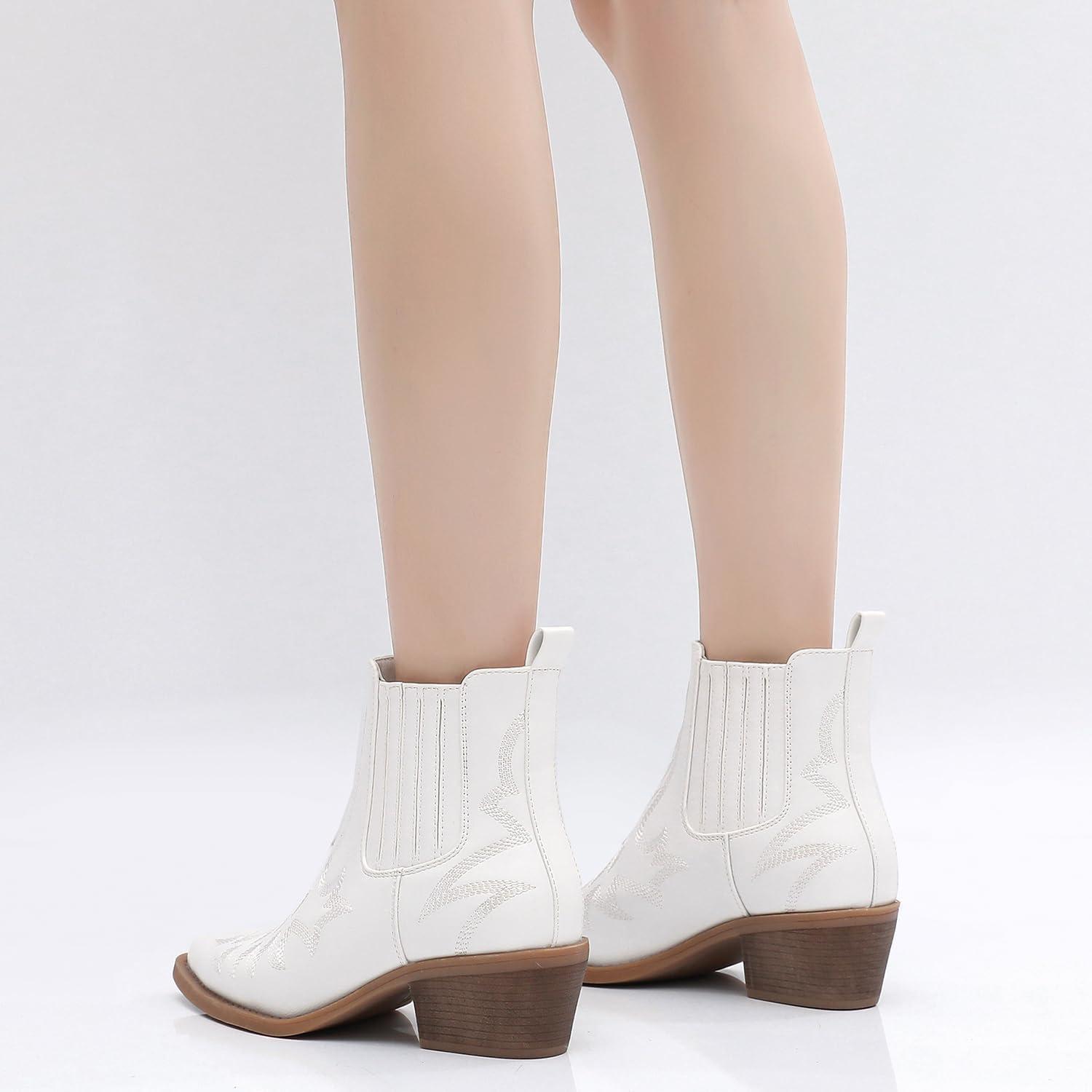 imageGLOBALWIN Cowboy Boots For Women Pointed Toe Pull On Chelsea Ankle Booties The Western Cowgirl Boots23yy05 White