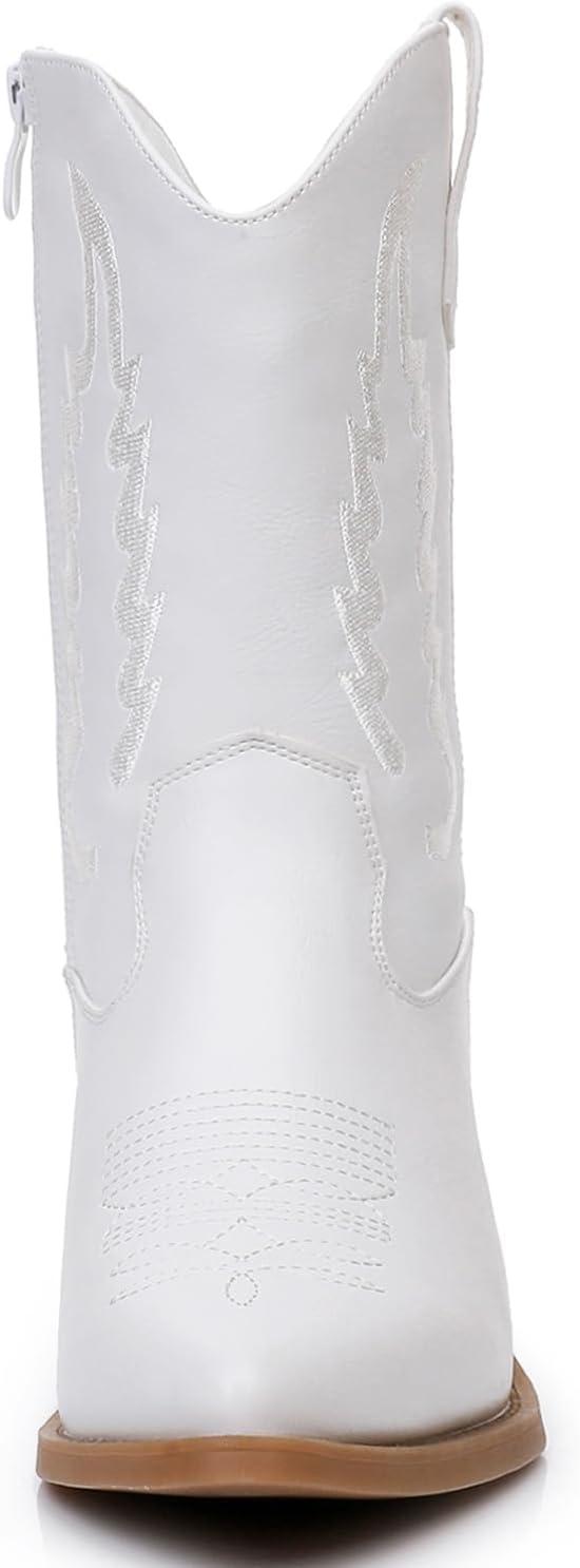 imageGLOBALWIN Womens Cowgirl Boots Mid Calf Western Cowboy Boots For Women Comfortable Low Heel With Zipper23yy09 White