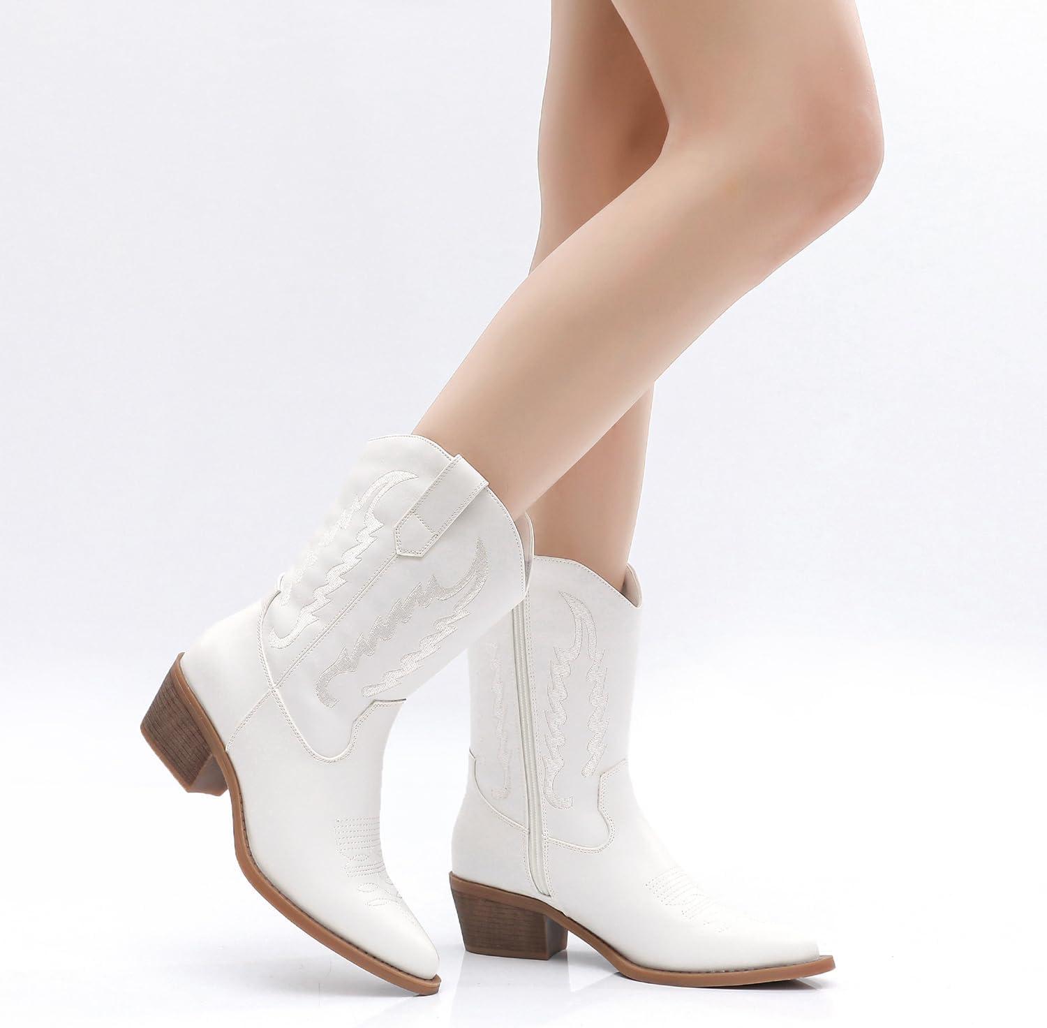 imageGLOBALWIN Womens Cowgirl Boots Mid Calf Western Cowboy Boots For Women Comfortable Low Heel With Zipper23yy09 White