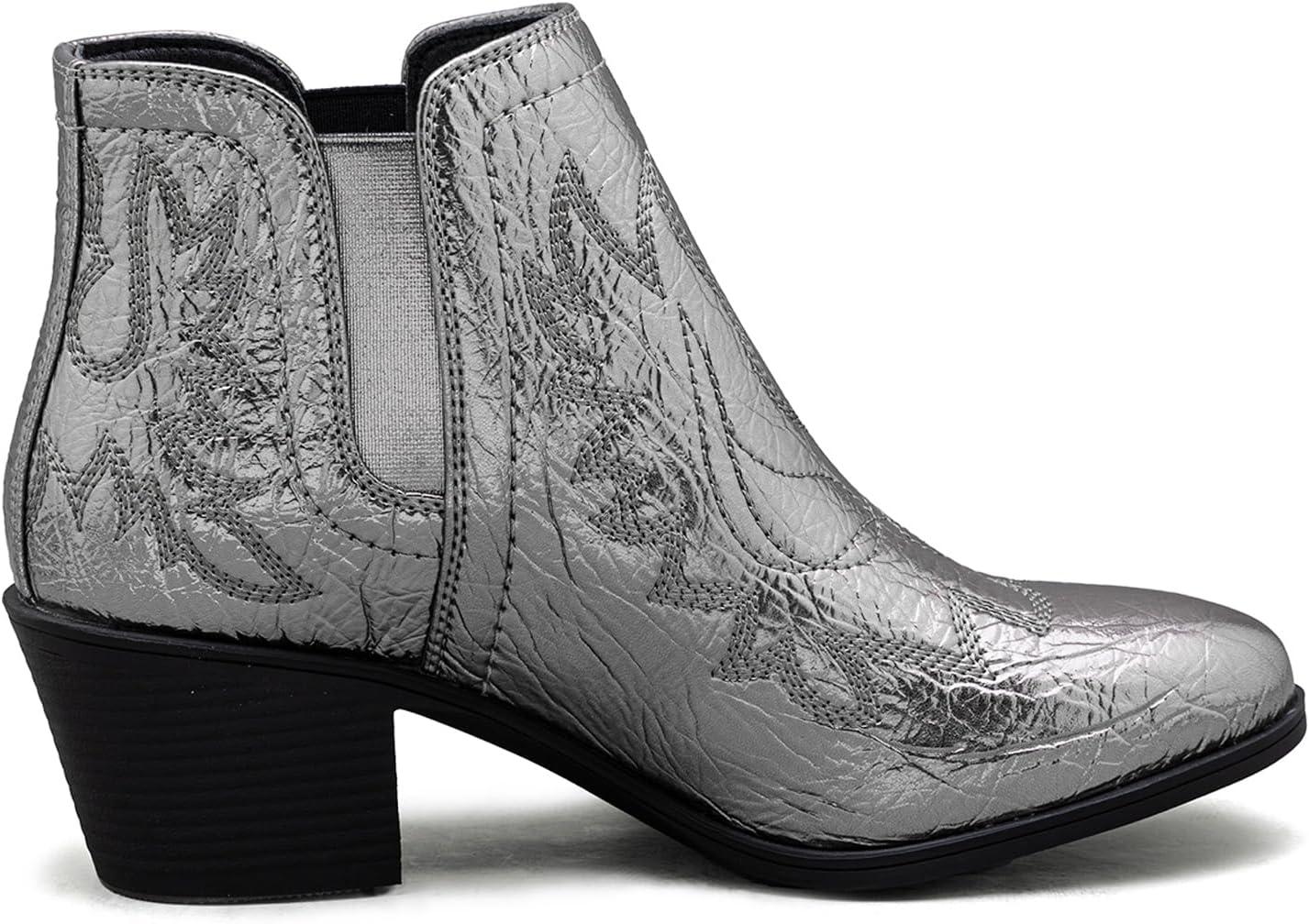 imageGLOBALWIN Womens Cowgirl boots Western Short Ankle Pull On Comfortable Cowboy Boots For Women Low Heel21yy01 Metallic Silver