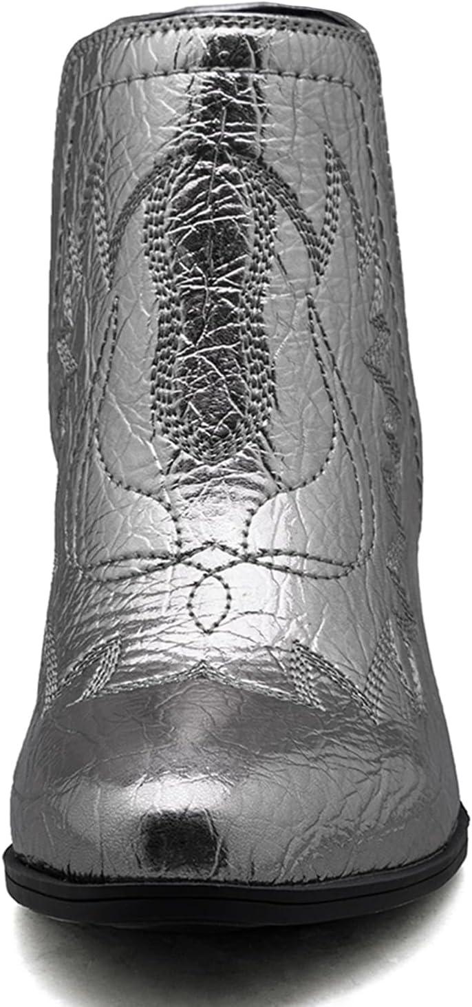 imageGLOBALWIN Womens Cowgirl boots Western Short Ankle Pull On Comfortable Cowboy Boots For Women Low Heel21yy01 Metallic Silver