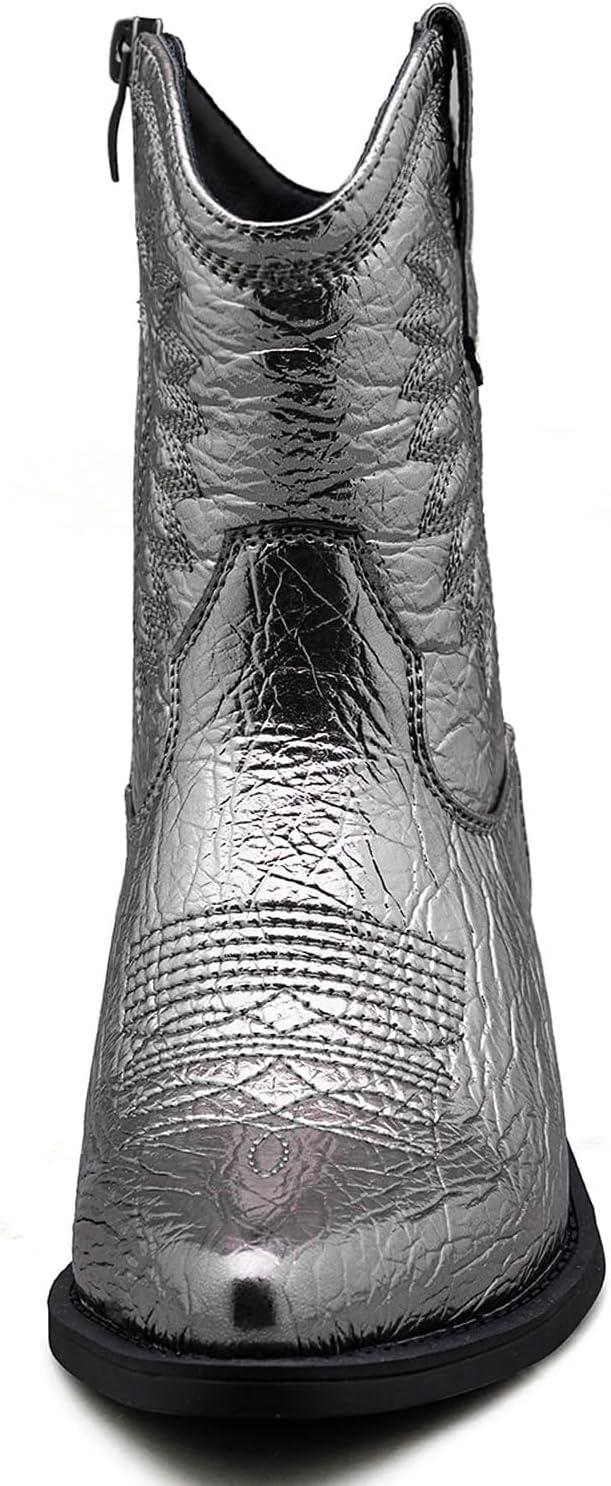 imageGLOBALWIN Womens Western Charm Cowgirl Boots Mid Calf Comfy Cowboy Boots For Women With Pointed Toe23yy07 Dark Silver