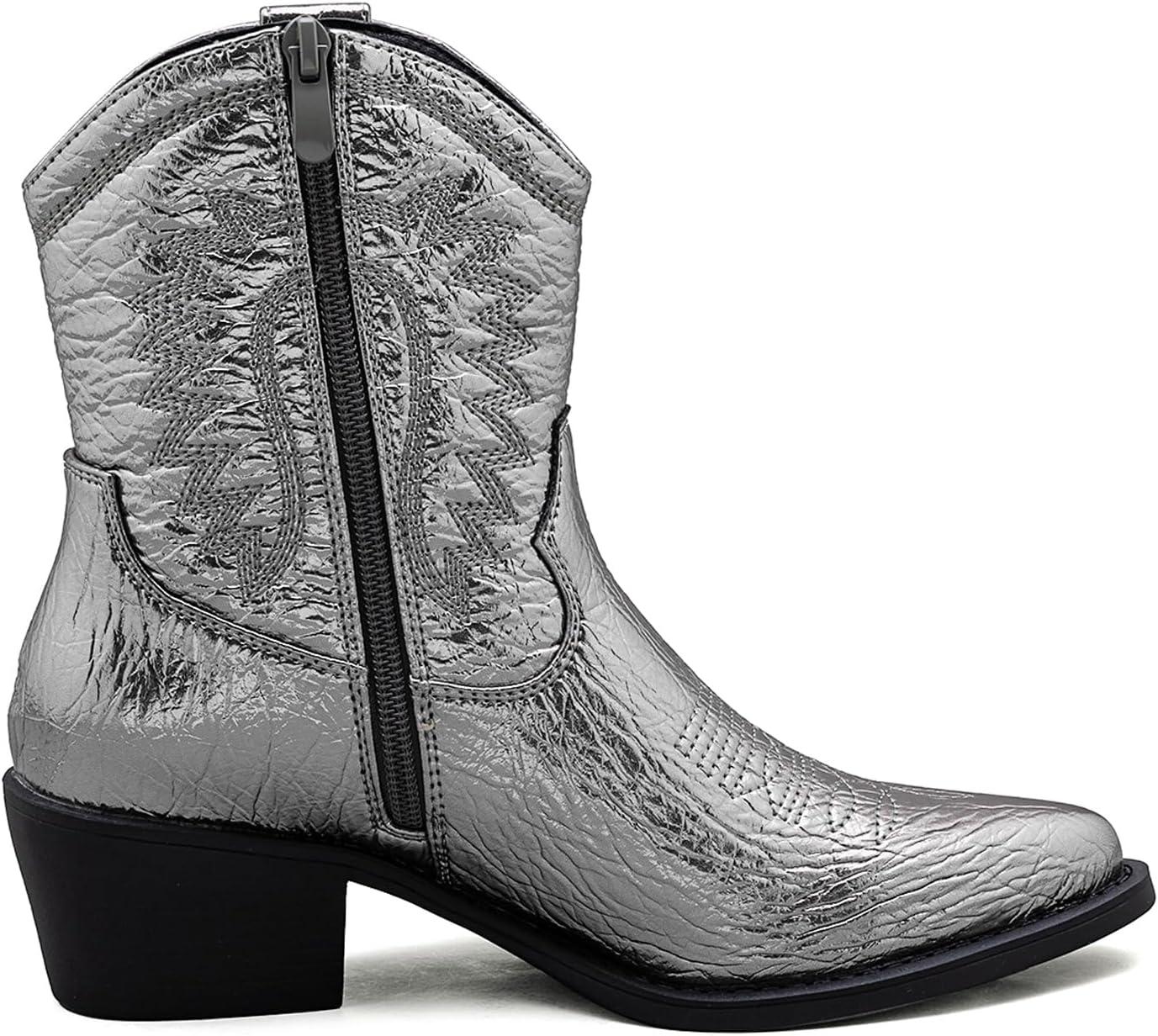 imageGLOBALWIN Womens Western Charm Cowgirl Boots Mid Calf Comfy Cowboy Boots For Women With Pointed Toe23yy07 Dark Silver