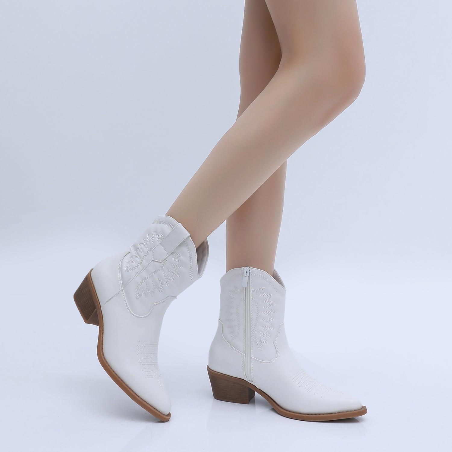 imageGLOBALWIN Womens Western Charm Cowgirl Boots Mid Calf Comfy Cowboy Boots For Women With Pointed Toe23yy07 White