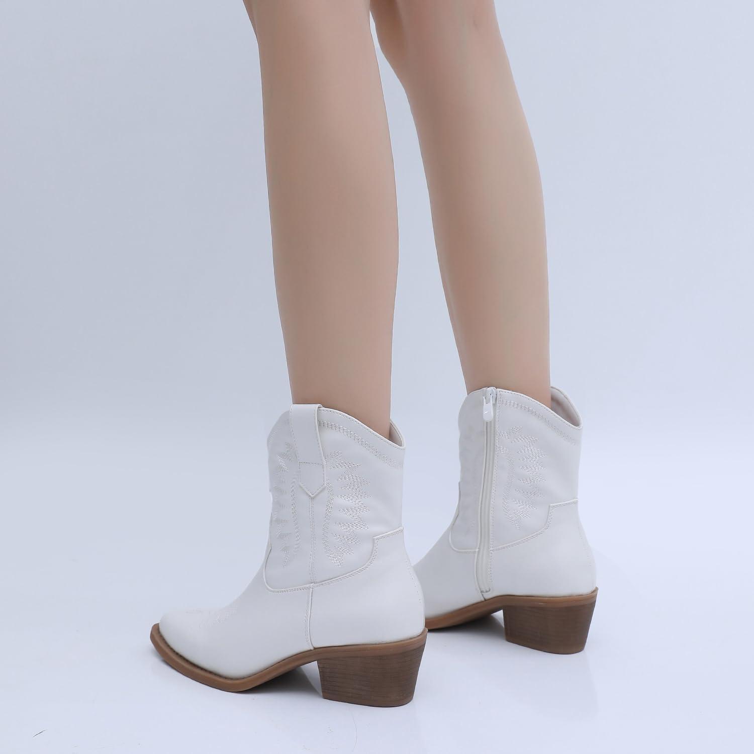 imageGLOBALWIN Womens Western Charm Cowgirl Boots Mid Calf Comfy Cowboy Boots For Women With Pointed Toe23yy07 White