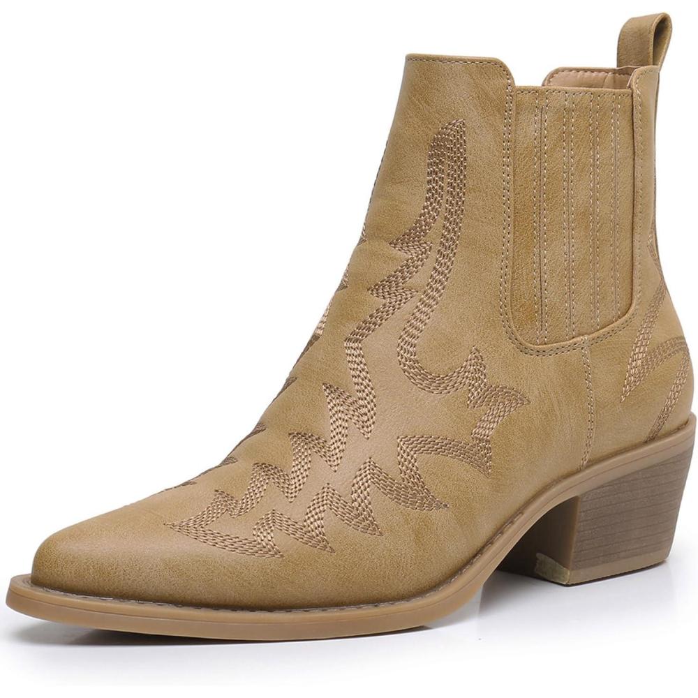 imageGLOBALWIN Cowboy Boots For Women Pointed Toe Pull On Chelsea Ankle Booties The Western Cowgirl Boots23yy05 Khaki