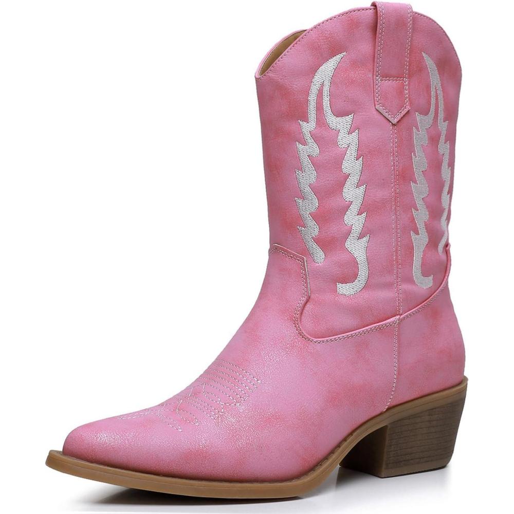 imageGLOBALWIN Womens Cowgirl Boots Mid Calf Western Cowboy Boots For Women Comfortable Low Heel With Zipper23yy09 Pink