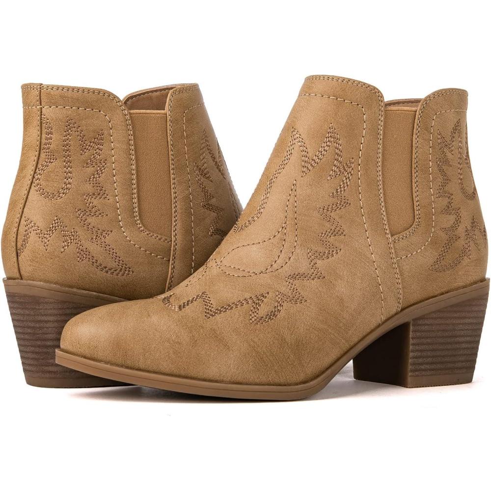 imageGLOBALWIN Womens Cowgirl boots Western Short Ankle Pull On Comfortable Cowboy Boots For Women Low Heel21yy01 Khaki
