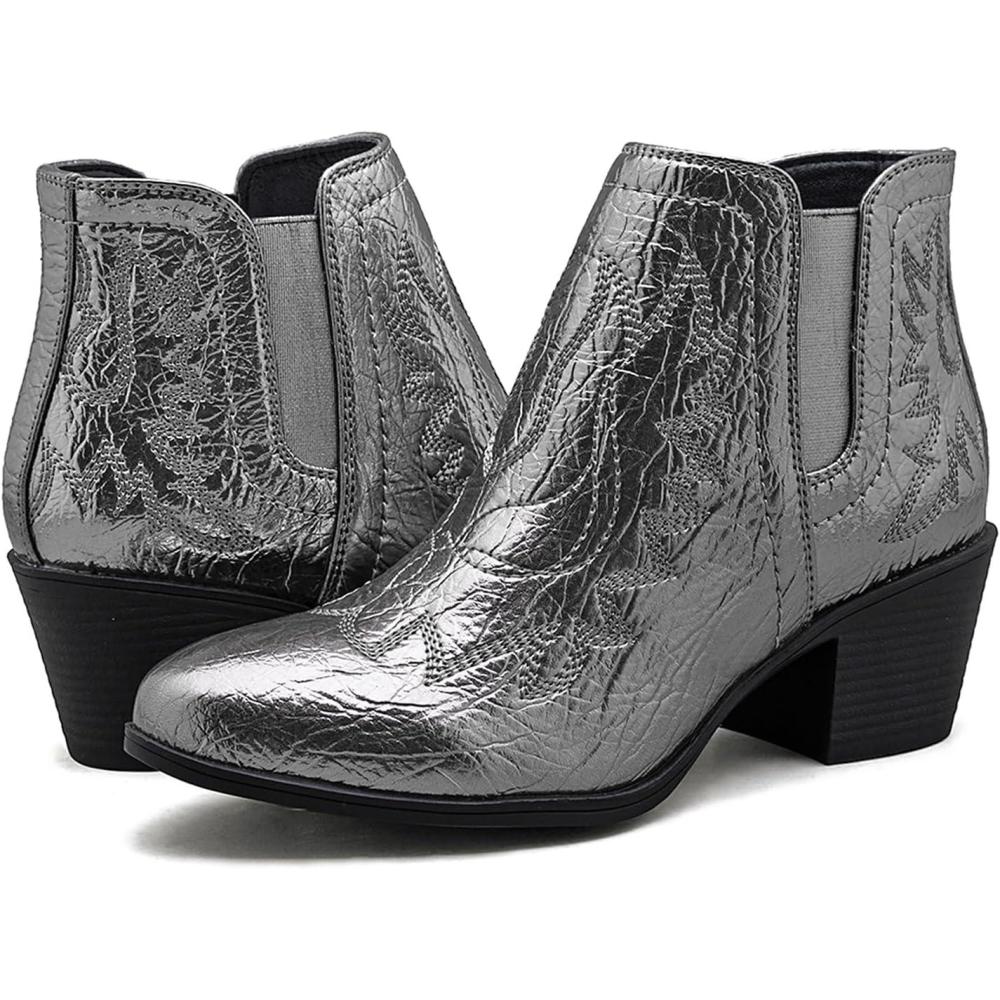 imageGLOBALWIN Womens Cowgirl boots Western Short Ankle Pull On Comfortable Cowboy Boots For Women Low Heel21yy01 Metallic Silver