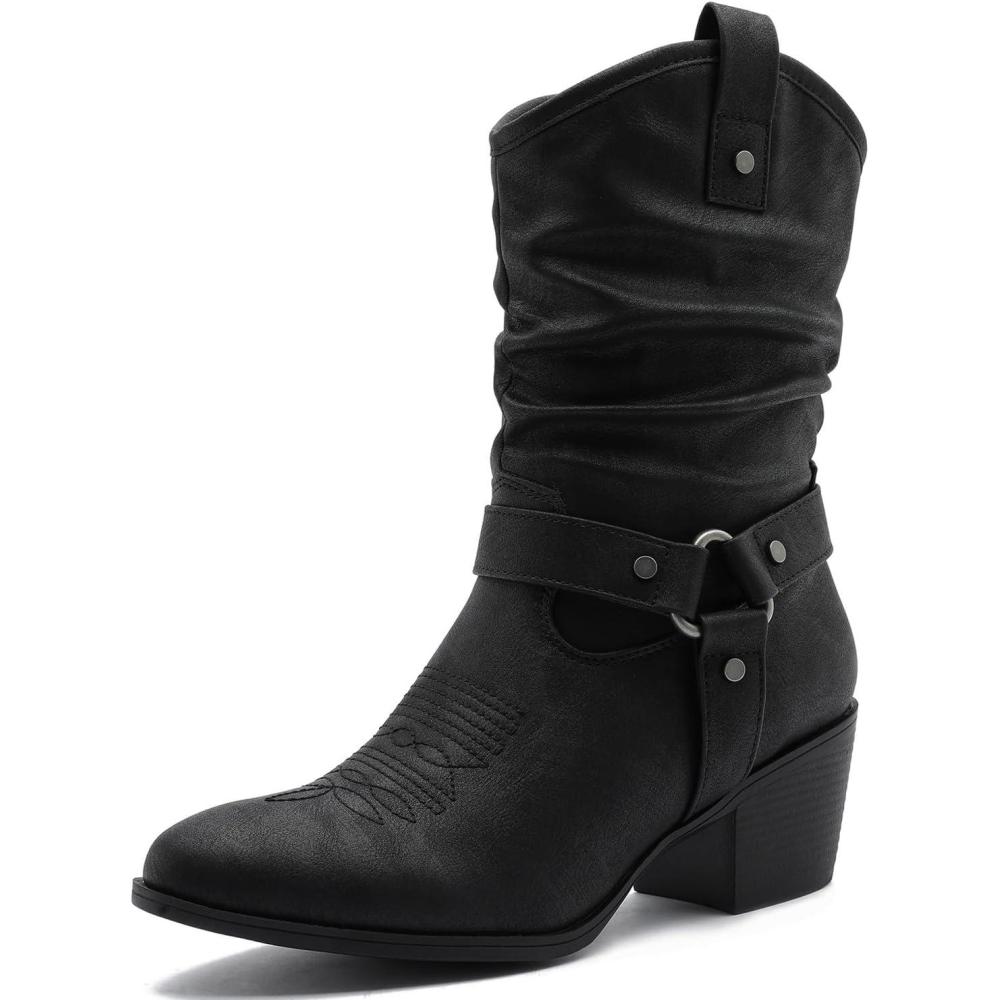 imageGLOBALWIN Womens Mid Calf The Western Cowgirl Boots Fashion Cowboy Boots For Women Chunky Low Heel19yy17 Black2