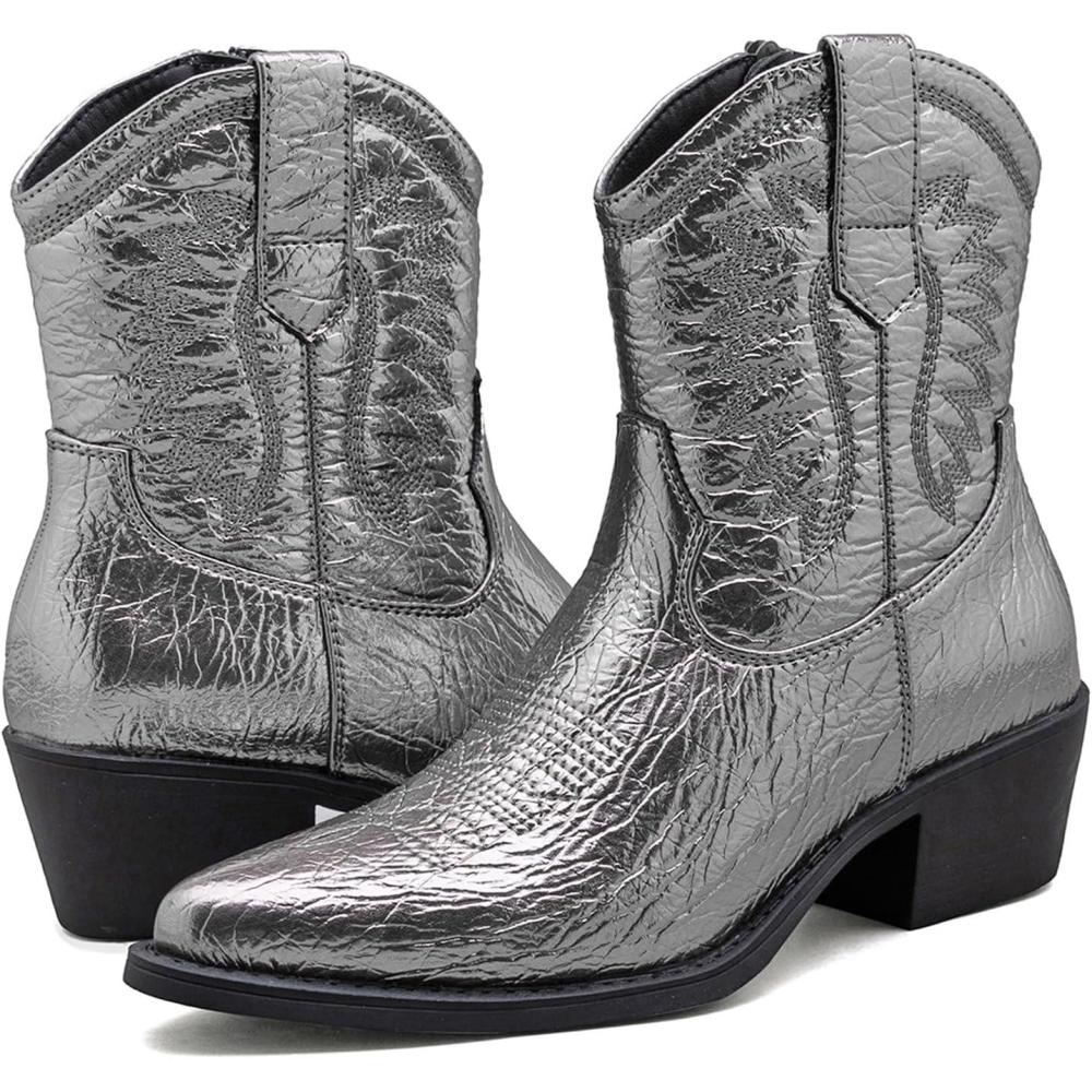 imageGLOBALWIN Womens Western Charm Cowgirl Boots Mid Calf Comfy Cowboy Boots For Women With Pointed Toe23yy07 Dark Silver
