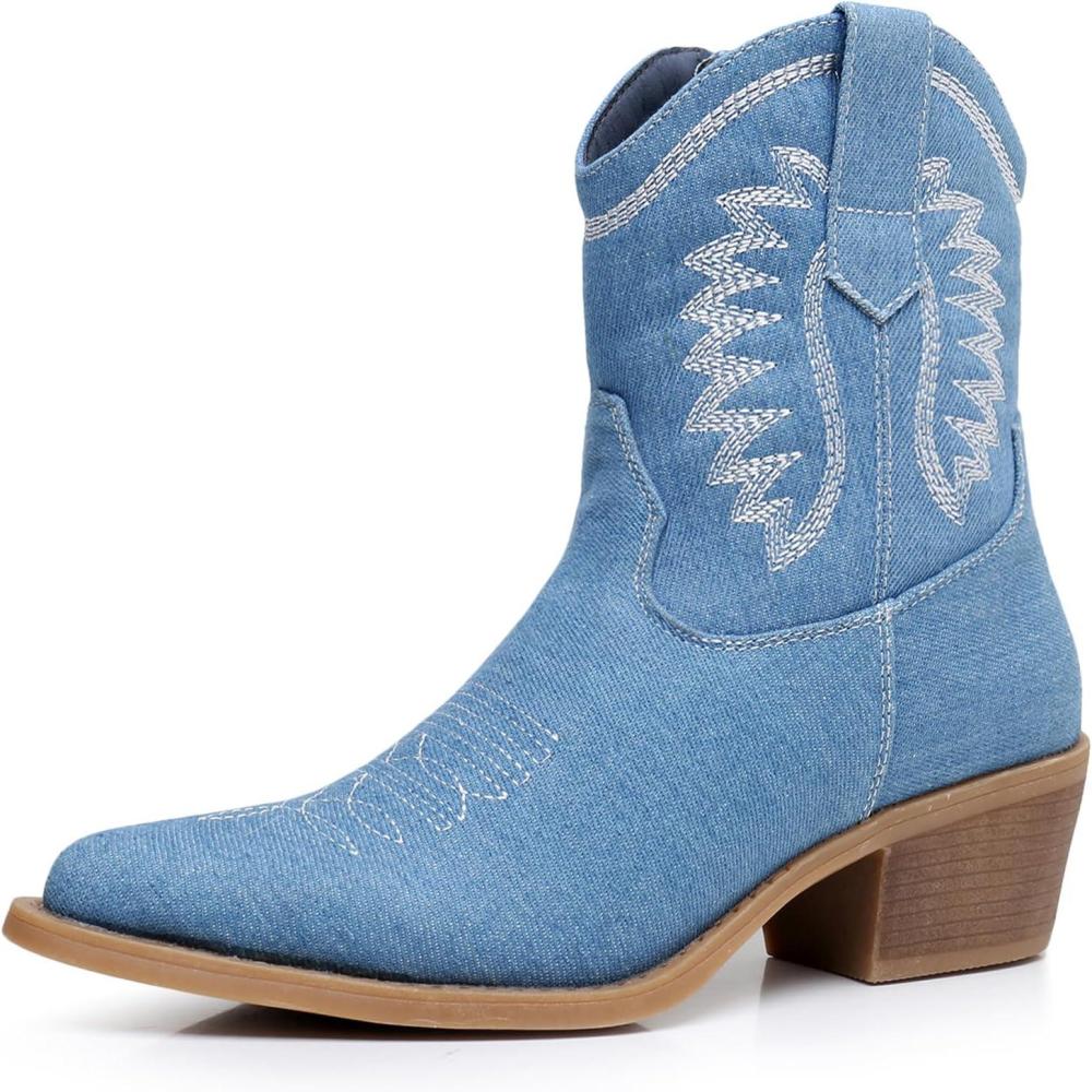 imageGLOBALWIN Womens Western Charm Cowgirl Boots Mid Calf Comfy Cowboy Boots For Women With Pointed Toe23yy07 Denim Blue