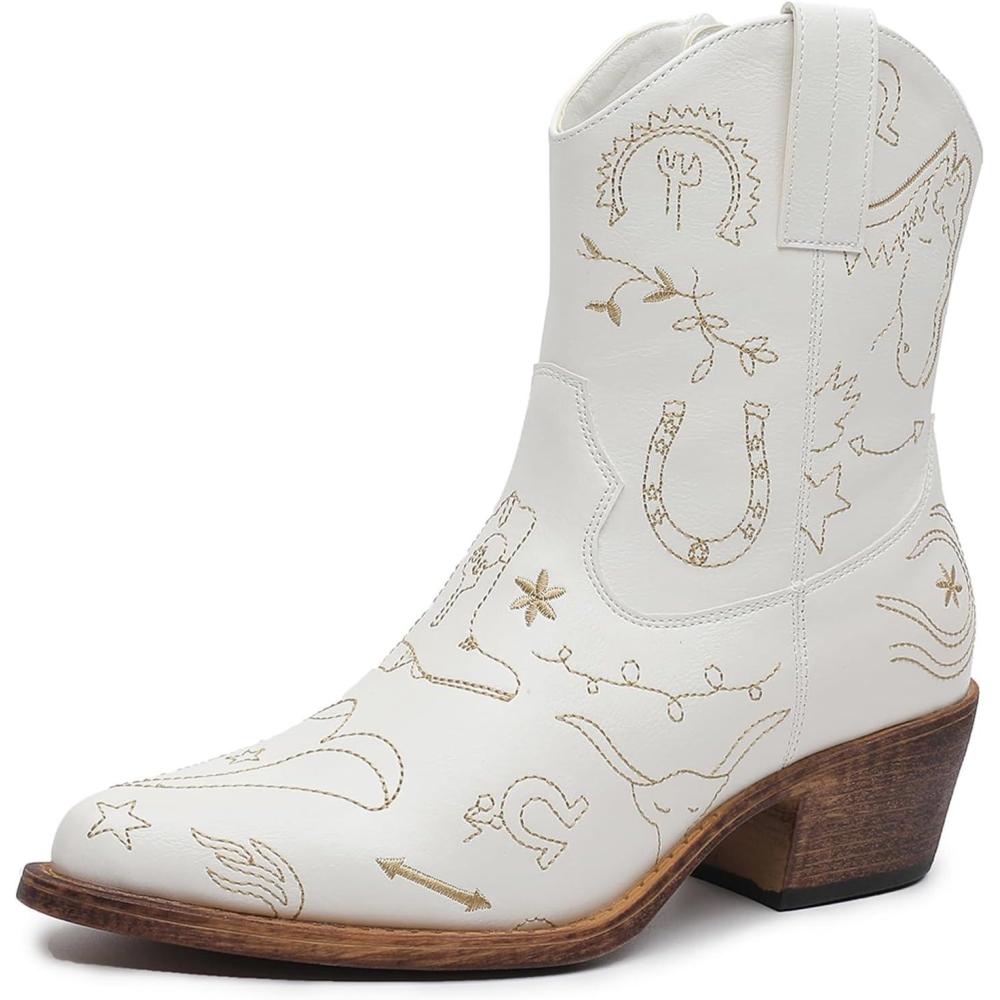 imageGLOBALWIN Womens Western Charm Cowgirl Boots Mid Calf Comfy Cowboy Boots For Women With Pointed Toe23yy15 White