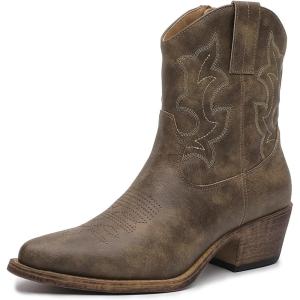 GLOBALWIN Cowboy Boots For Women Cute Cowgirl Boots Women’s Western Boots With Embroidery Side Zipper Chunky Heel(23yy16 Brown)