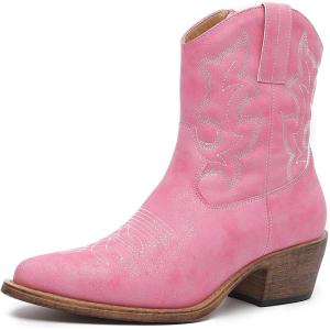 GLOBALWIN Cowboy Boots For Women Cute Cowgirl Boots Women’s Western Boots With Embroidery Side Zipper Chunky Heel(23yy16 Pink)