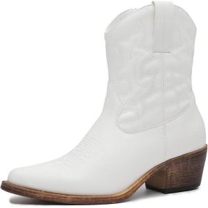 GLOBALWIN Cowboy Boots For Women Cute Cowgirl Boots Women’s Western Boots With Embroidery Side Zipper Chunky Heel(23yy16 White)