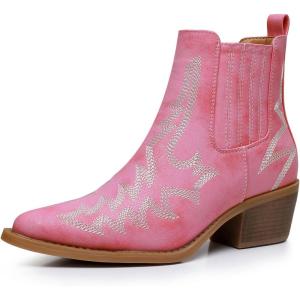 GLOBALWIN Cowboy Boots For Women Pointed Toe Pull On Chelsea Ankle Booties The Western Cowgirl Boots(23yy05 Pink)
