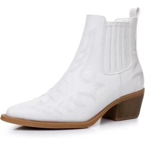 GLOBALWIN Cowboy Boots For Women Pointed Toe Pull On Chelsea Ankle Booties The Western Cowgirl Boots(23yy05 White)