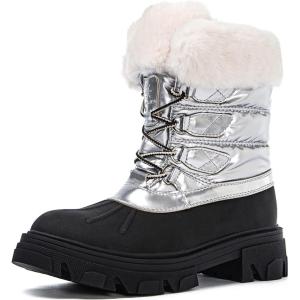 GLOBALWIN Snow Boots for Women Comfortable Winter Boots For Women Waterproof Fluffy Faux Fur Ankle Booties Water-Resistant Short Boots For Women Warm Fur Boots, Lace-Up Outdoor Shoes(21yy27 Silver)