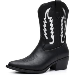 GLOBALWIN Women’s Cowgirl Boots Mid Calf Western Cowboy Boots For Women Comfortable Low Heel With Zipper(23yy09 Black1)