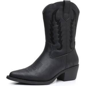 GLOBALWIN Women’s Cowgirl Boots Mid Calf Western Cowboy Boots For Women Comfortable Low Heel With Zipper(23yy09 Black2)