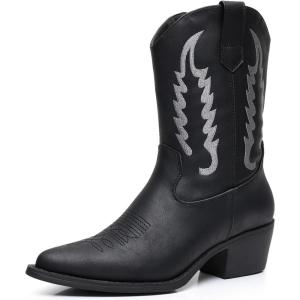 GLOBALWIN Women’s Cowgirl Boots Mid Calf Western Cowboy Boots For Women Comfortable Low Heel With Zipper(23yy09 Black3)