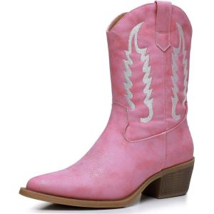 GLOBALWIN Women’s Cowgirl Boots Mid Calf Western Cowboy Boots For Women Comfortable Low Heel With Zipper(23yy09 Pink)