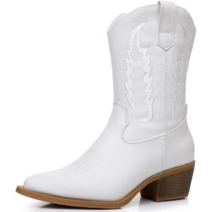 GLOBALWIN Women’s Cowgirl Boots Mid Calf Western Cowboy Boots For Women Comfortable Low Heel With Zipper(23yy09 White)