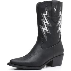 GLOBALWIN Women’s Cowgirl Boots Mid Calf Western Cowboy Boots For Women Comfortable Low Heel With Zipper(23yy10 Black)