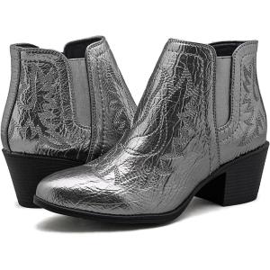 GLOBALWIN Women’s Cowgirl boots Western Short Ankle Pull On Comfortable Cowboy Boots For Women Low Heel(21yy01 Metallic Silver)