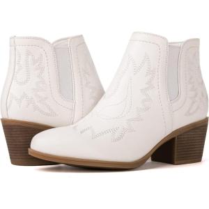 GLOBALWIN Women’s Cowgirl boots Western Short Ankle Pull On Comfortable Cowboy Boots For Women Low Heel(21yy01 White)