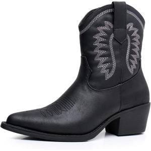 GLOBALWIN Women’s Western Charm Cowgirl Boots Mid Calf Comfy Cowboy Boots For Women With Pointed Toe(23yy07 Black2)