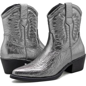 GLOBALWIN Women’s Western Charm Cowgirl Boots Mid Calf Comfy Cowboy Boots For Women With Pointed Toe(23yy07 Dark Silver)