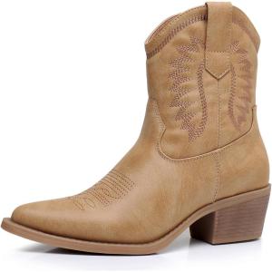 GLOBALWIN Women’s Western Charm Cowgirl Boots Mid Calf Comfy Cowboy Boots For Women With Pointed Toe(23yy07 Kahki)