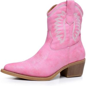 GLOBALWIN Women’s Western Charm Cowgirl Boots Mid Calf Comfy Cowboy Boots For Women With Pointed Toe(23yy07 Pink)