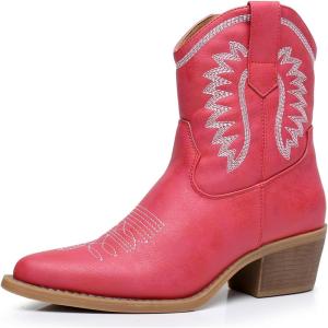 GLOBALWIN Women’s Western Charm Cowgirl Boots Mid Calf Comfy Cowboy Boots For Women With Pointed Toe(23yy07 Red)