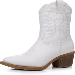 GLOBALWIN Women’s Western Charm Cowgirl Boots Mid Calf Comfy Cowboy Boots For Women With Pointed Toe(23yy07 White)