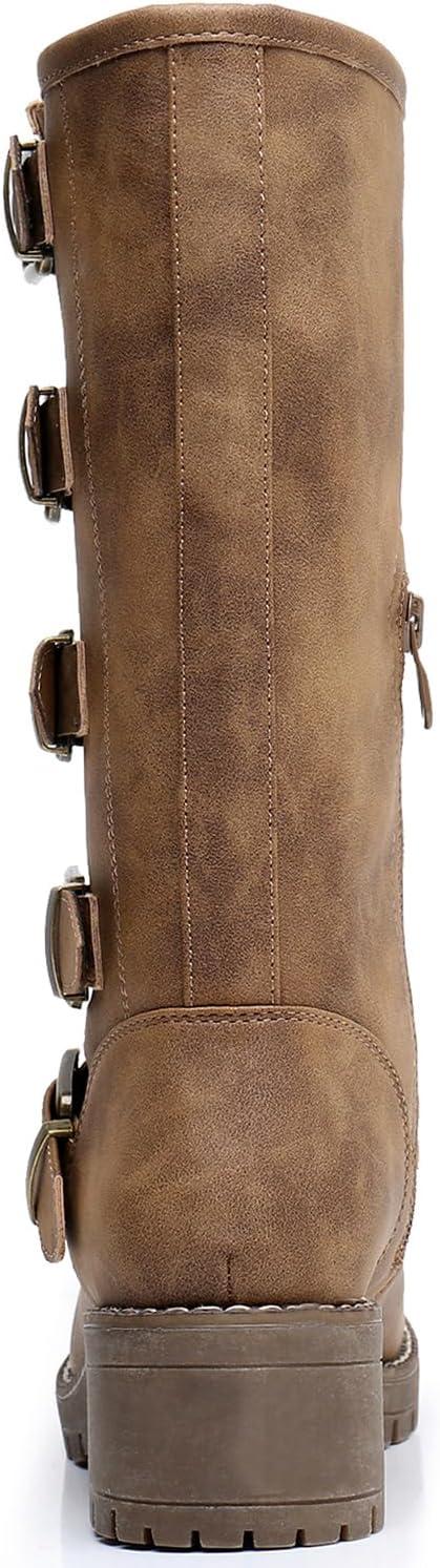 imageGLOBALWIN Chunky Mid Calf Fashion Dressy Motocycle Biker Military Style Combat Boots for Women Low Heel23yy11 Camel