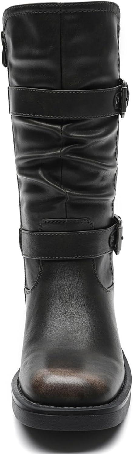 imageGLOBALWIN Chunky Mid Calf Fashion Dressy Motocycle Biker Military Style Combat Boots for Women Low Heel24yy01 Brown