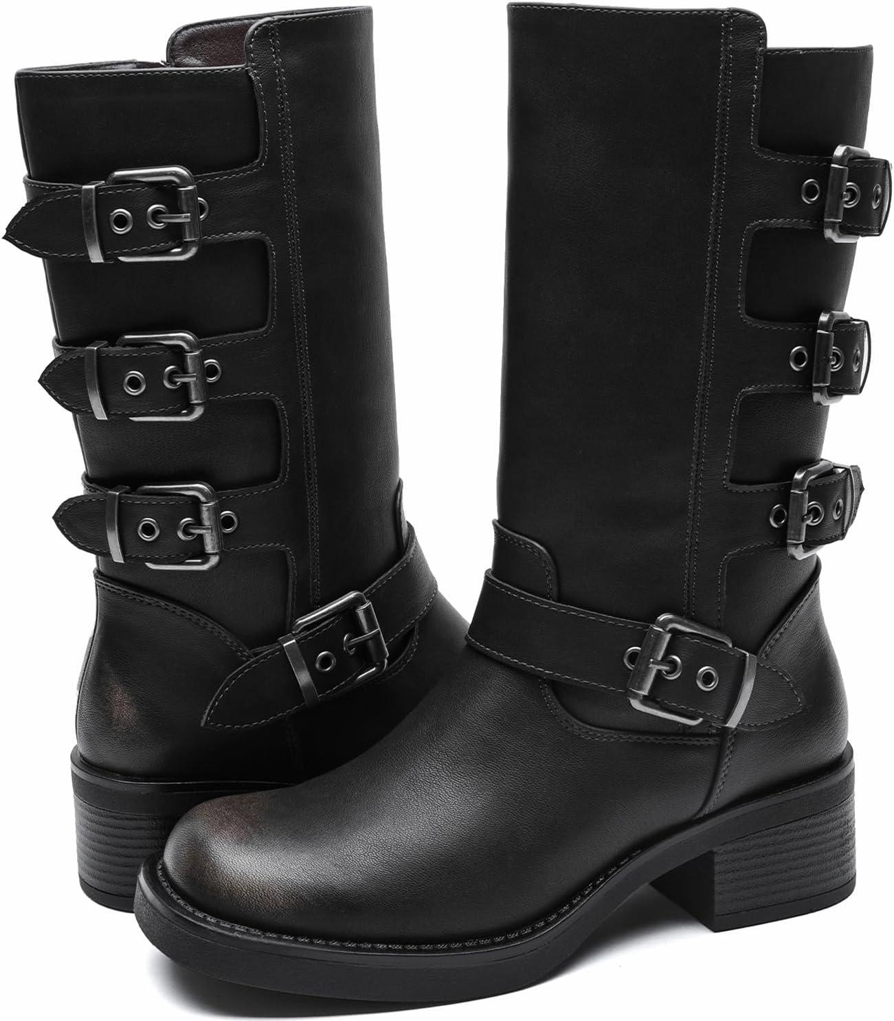 imageGLOBALWIN Chunky Mid Calf Fashion Dressy Motocycle Biker Military Style Combat Boots for Women Low Heel24yy02 Distressed Brown