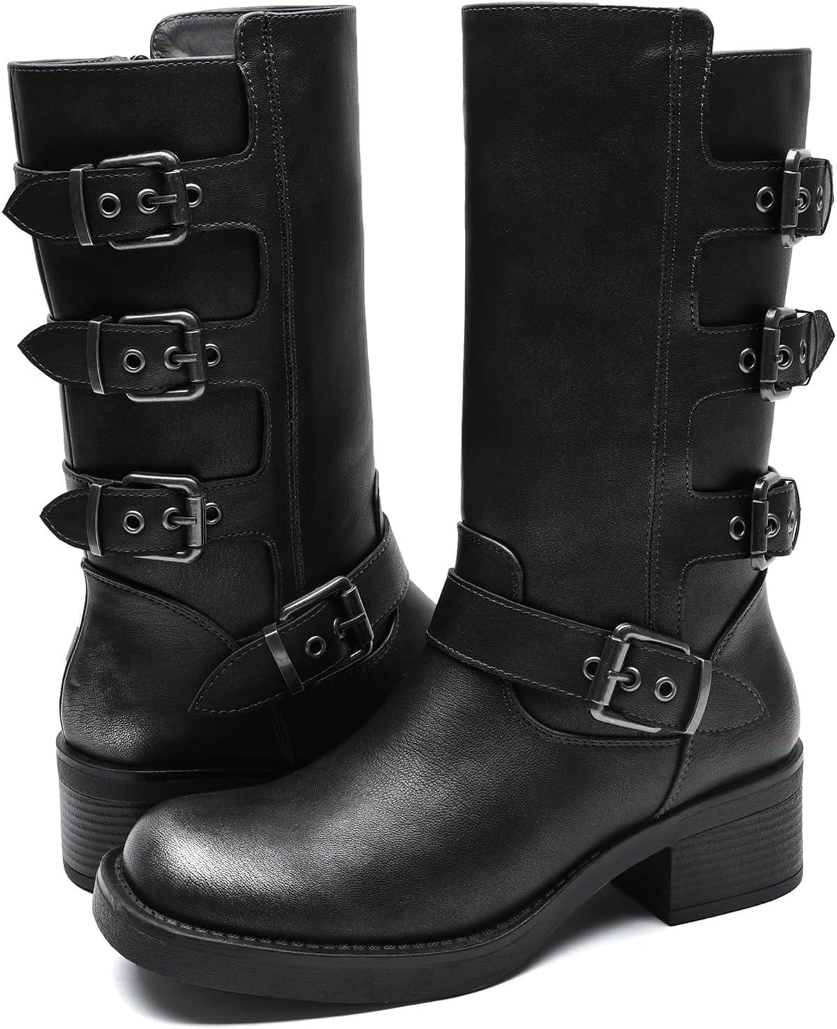 imageGLOBALWIN Chunky Mid Calf Fashion Dressy Motocycle Biker Military Style Combat Boots for Women Low Heel24yy02 Distressed Silver