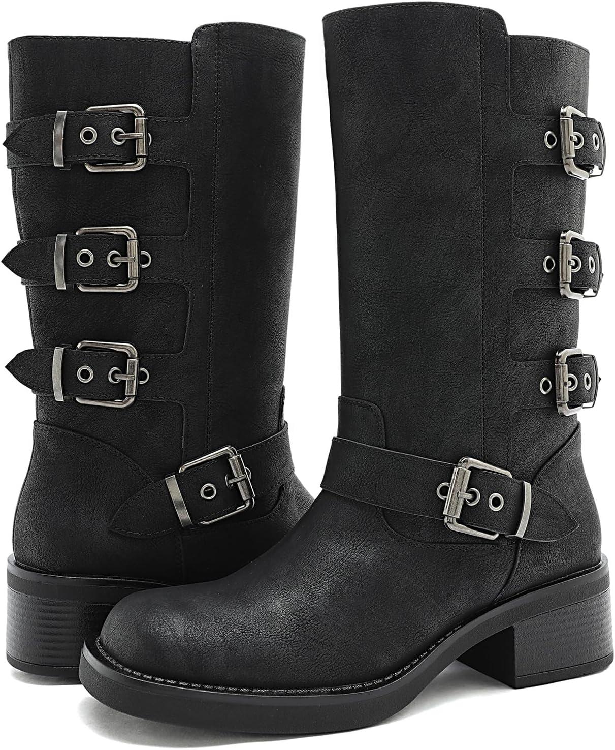 imageGLOBALWIN Chunky Mid Calf Fashion Dressy Motocycle Biker Military Style Combat Boots for Women Low HeelBlack