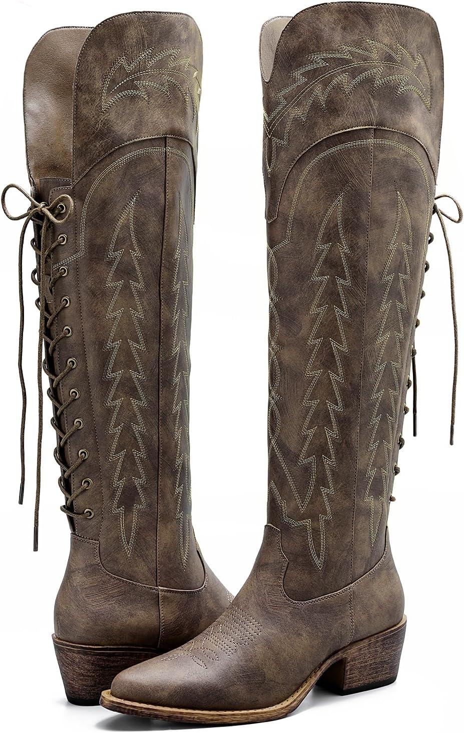 imageGLOBALWIN Womens Cowboy Western Fashion Over The Knee Thigh High Cowgirl Boots Low Heel23yy08 Brown
