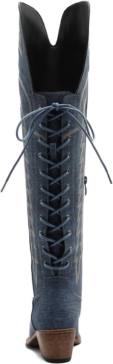 imageGLOBALWIN Womens Cowboy Western Fashion Over The Knee Thigh High Cowgirl Boots Low Heel23yy08 Denim Blue