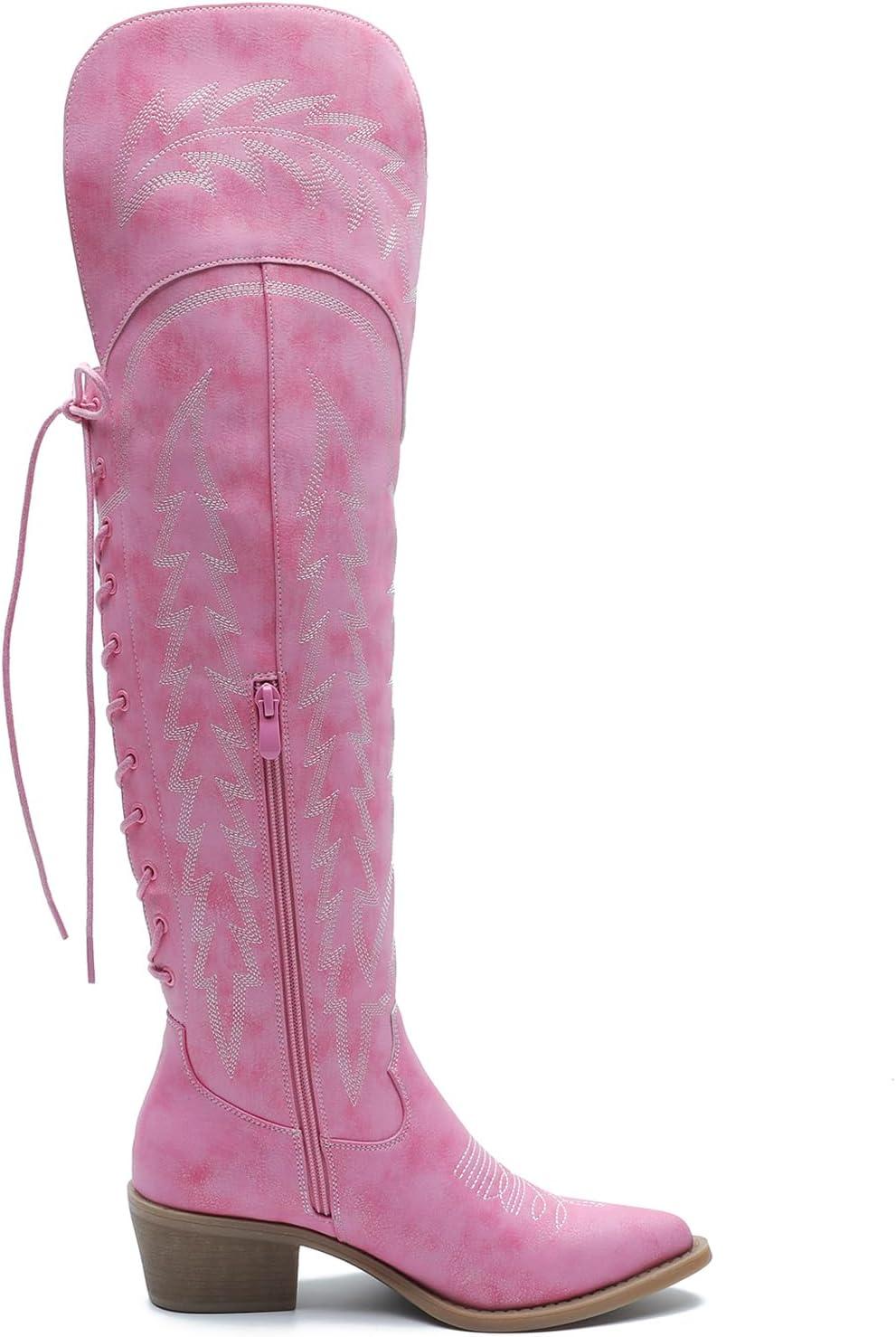 imageGLOBALWIN Womens Cowboy Western Fashion Over The Knee Thigh High Cowgirl Boots Low Heel23yy08 Pink
