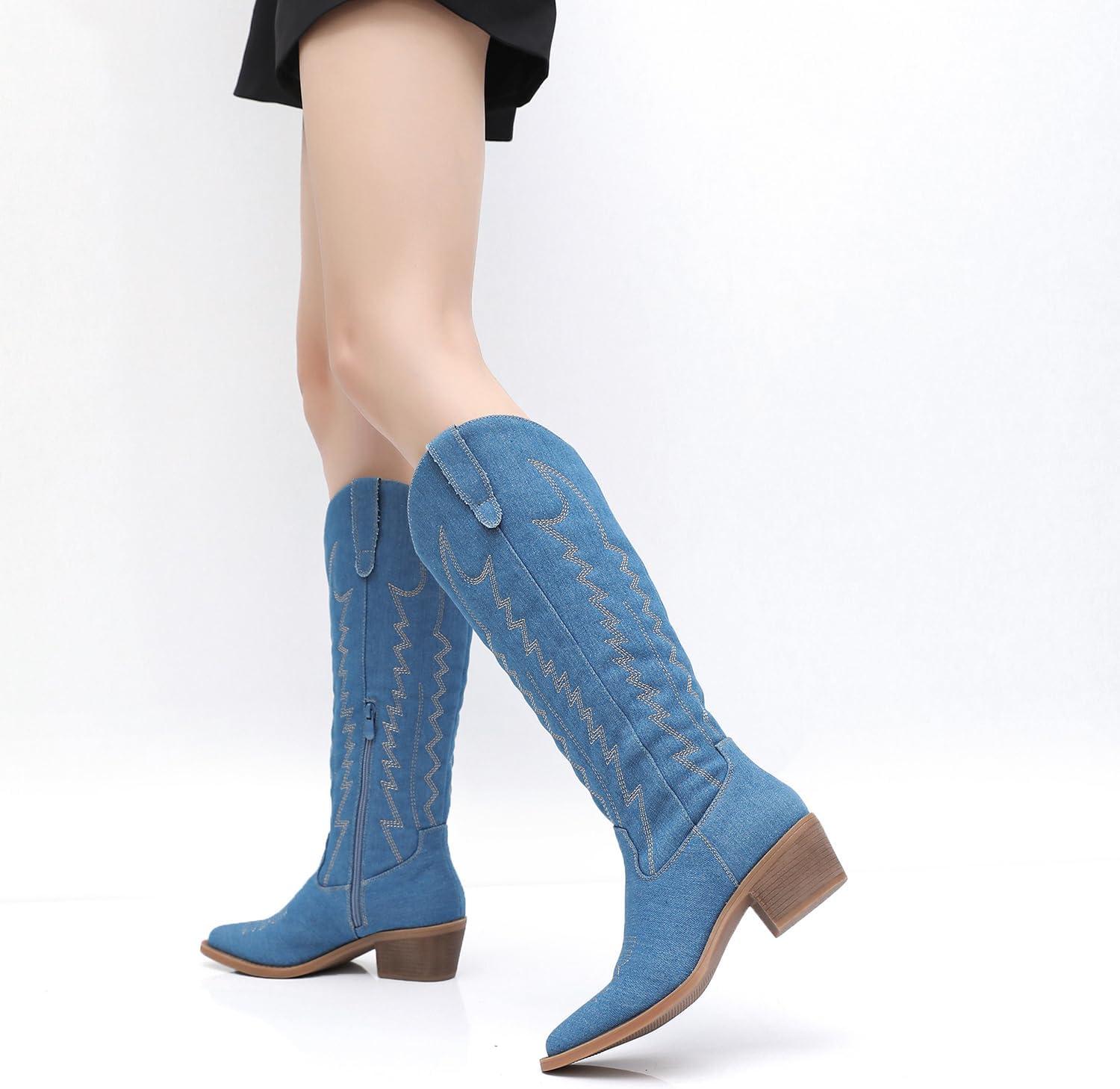 imageGLOBALWIN Womens Knee High Long Pointed Toe Western Cowboy Boots For Women23yy03 Denim Blue