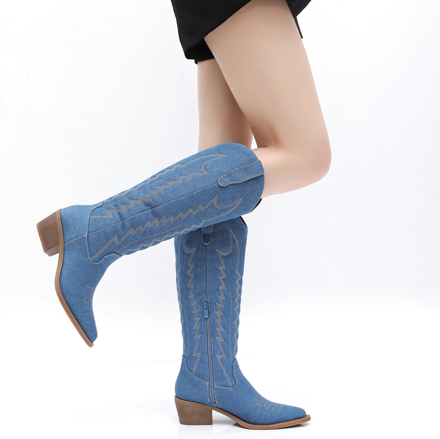 imageGLOBALWIN Womens Knee High Long Pointed Toe Western Cowboy Boots For Women23yy03 Denim Blue