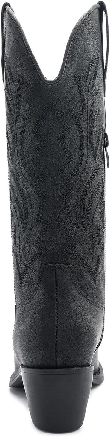 imageGLOBALWIN Womens Mid Calf Western Cowboy Boots Cowgirl Boots for Women with Floral Embroidery Side Zipper Chunky Heel23yy13 Black